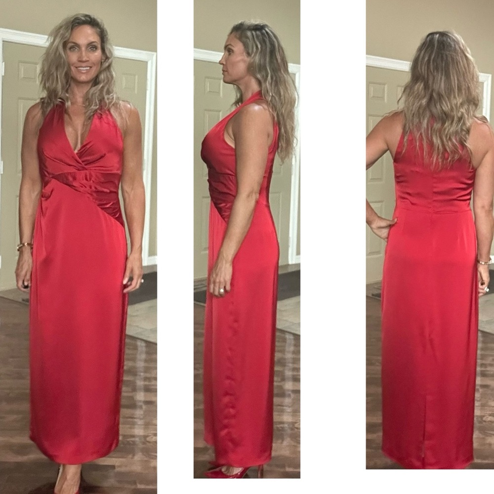 Lauren Ralph Lauren Red Sleeveless Pleated Satin Charmeuse Halter Maxi Gown 10 - Picture 4 of 17